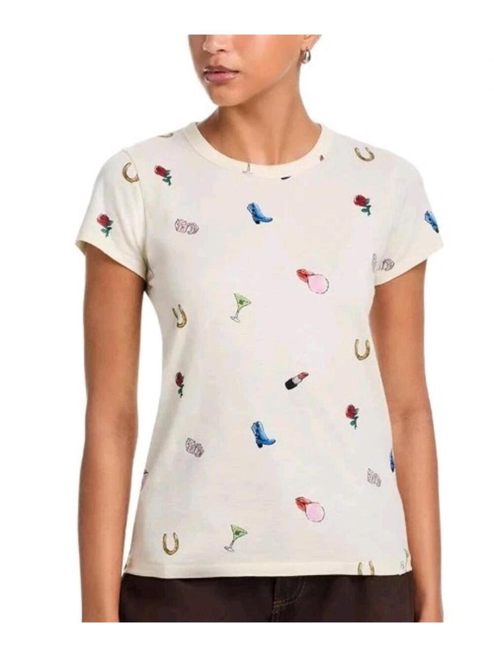NWT Rag And Bone Women's All Over Logo Patch Tee T Shirt Top White Print Sz XS